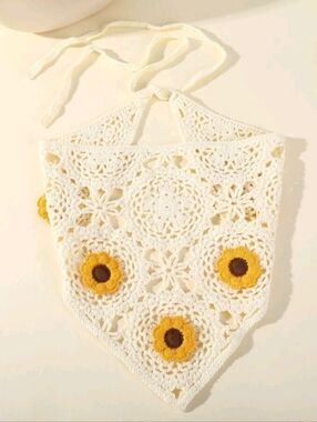 Crochet Cream Embroidered Sunflower Boho Bandana Scarf Cottagecore Summer